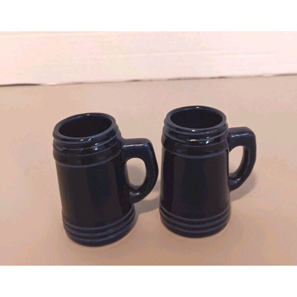 Vtg Mini Beer Stein Set Of 4 Pink & Dark Blue Ceramic Mug Shot Glasses Unmarked - Picture 4 of 16